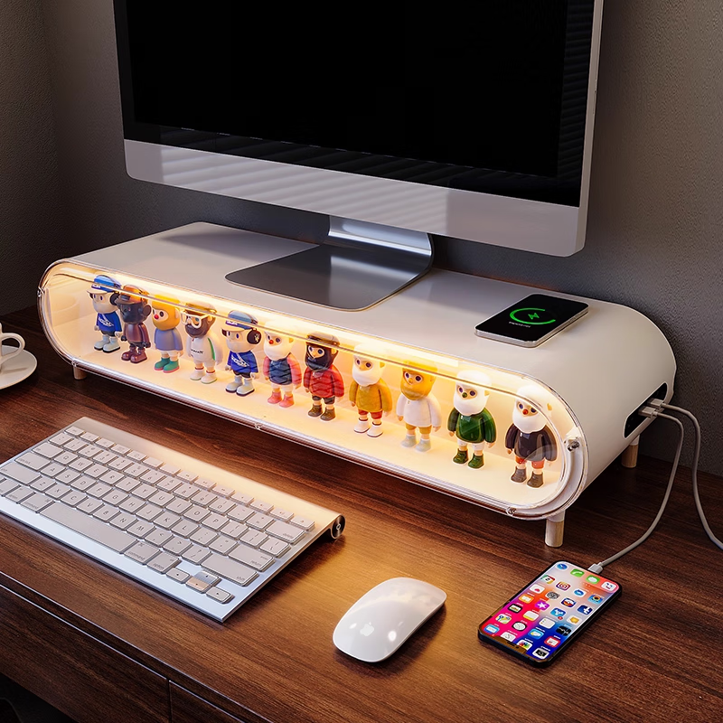 收纳达人桌面手办收纳盒电脑增高支架盲盒收纳盒办公室无线充电台式多功能 【带灯款】52长-灯光展示+加高木脚