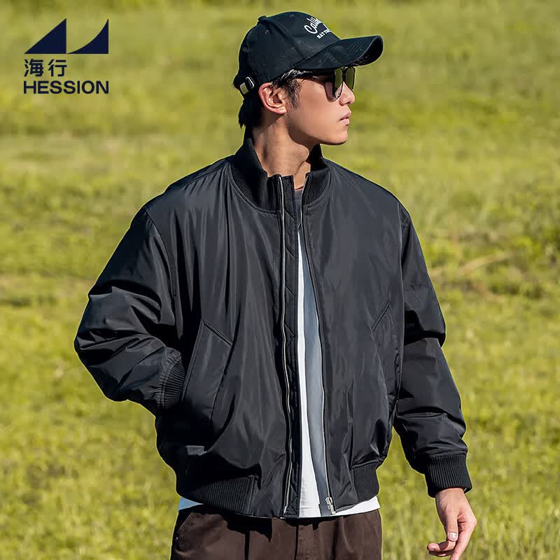 海行飞行员夹克男冬季加绒加厚宽松休闲防寒服立领羽绒服上衣外套 黑色 M