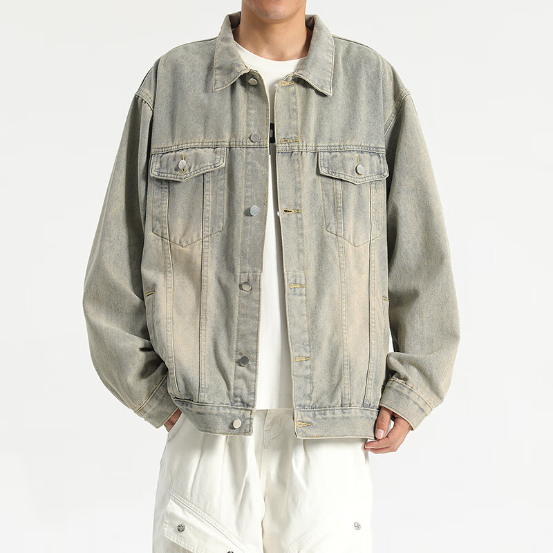 Homlean美式牛仔外套男春秋季复古工装休闲百搭翻领上衣夹克HB15黄泥M