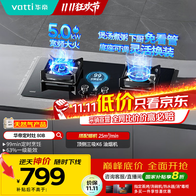 华帝（VATTI）国家政府补贴定时燃气灶天然气嵌入式5.0kW大火力猛火煤气灶双灶台灶具i10080B【天然气产品】