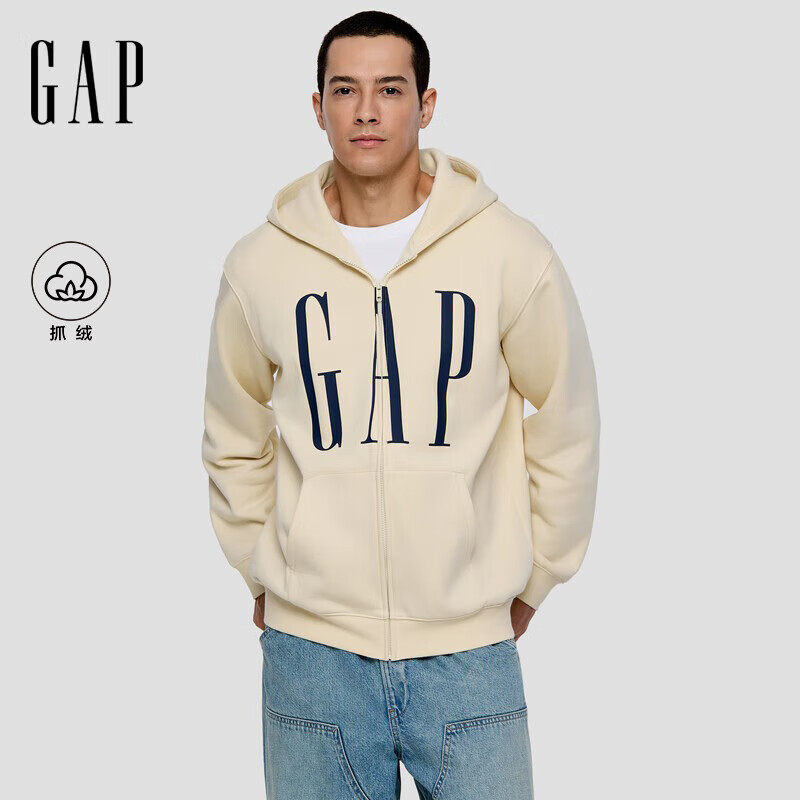 GAP男女装2025秋季新款logo印花抓绒宽松运动连帽衫卫衣786920 米色 L (175/96A) 亚洲尺码