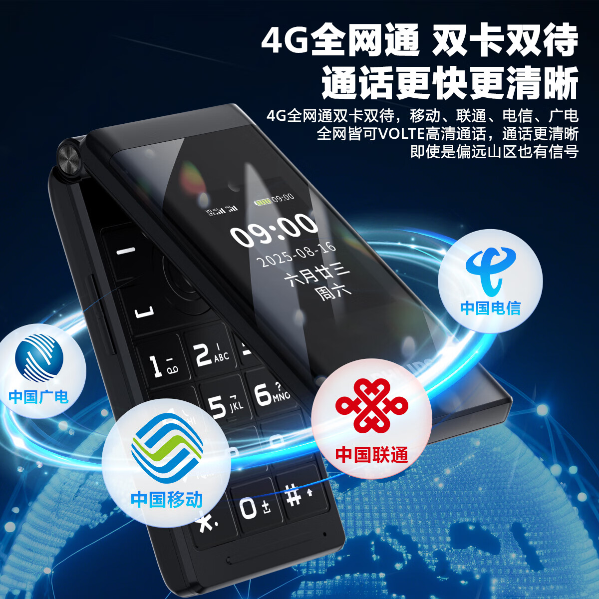 飞利浦（PHILIPS）翻盖老人手机 超长待机老年机4G全网通大字体大声音大按键学生双屏老人专用功能机E6515Plus星空黑