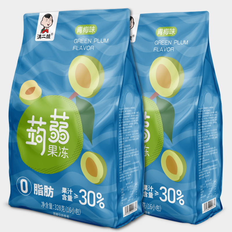 滇二娃青梅蒟蒻果冻低0脂肪卡吸吸冻果汁儿童零食大礼包解馋小吃 青梅味蒟蒻果冻1盒【内有16袋】