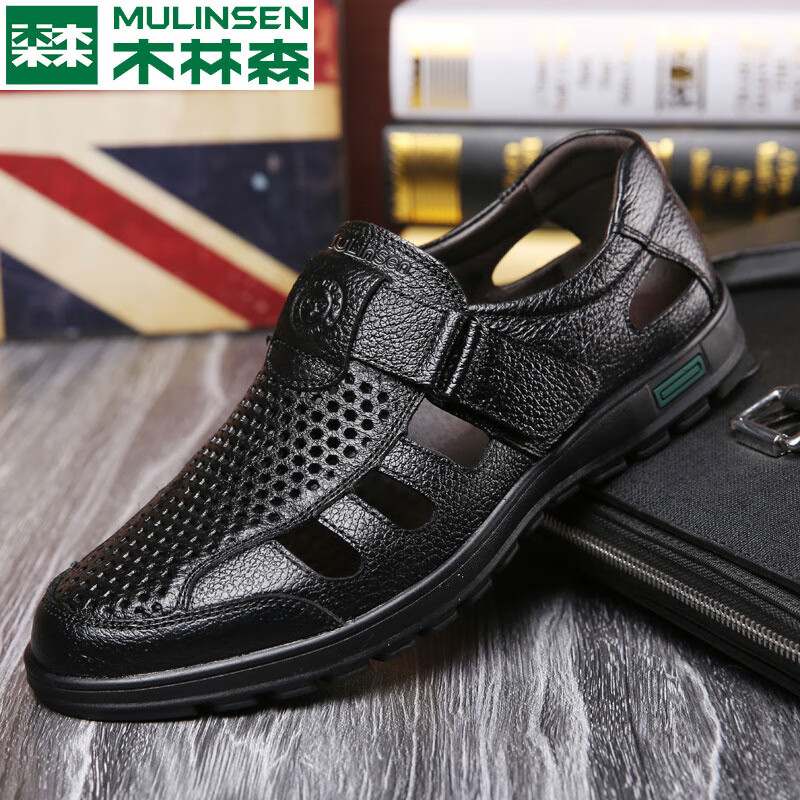 木林森（MULINSEN）頭層牛皮鏤空涼鞋2025夏季中老年人休閑 黑色 38