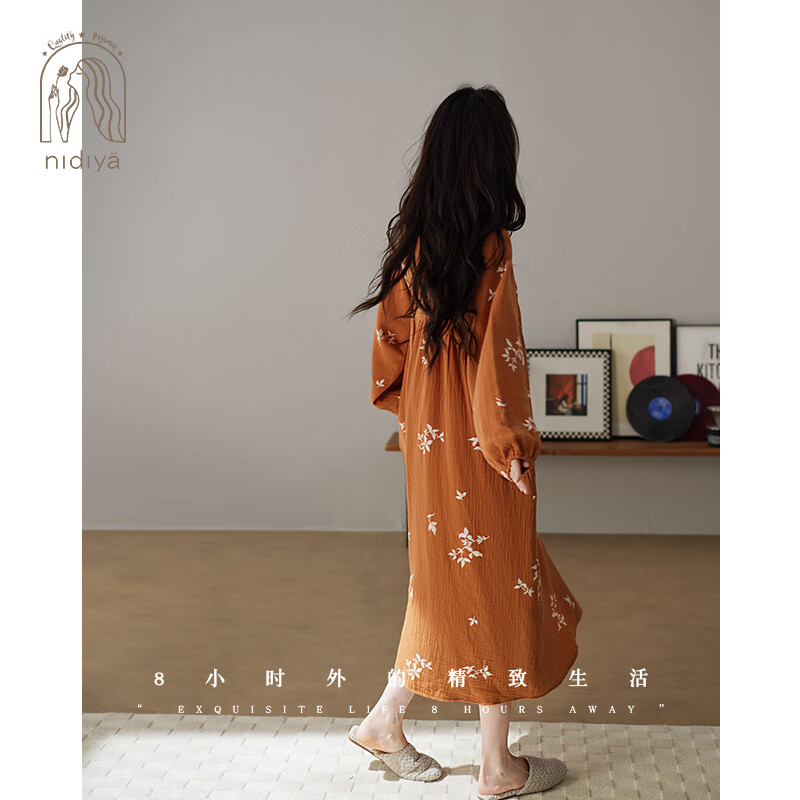 妮狄婭睡衣睡裙女春秋季純棉長(zhǎng)袖復(fù)古開(kāi)衫寬松韓版公主風(fēng)家居服 橘黃TF25337 M (160) 【參考體重85-105斤】