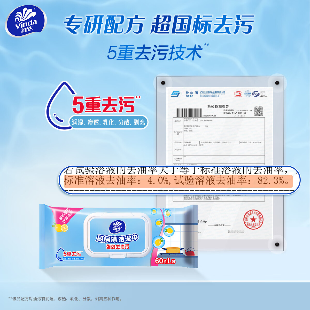 维达(Vinda)厨房湿巾 加厚厨房用纸 洁净吸油强力去油污庭装懒人抹布3 1层 60片*5包 【整箱装】