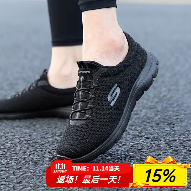 斯凯奇（Skechers）女鞋2025夏季新款休闲一脚蹬穿脱运动妈妈鞋老人鞋软底网面健步鞋 全黑色-BBK 39