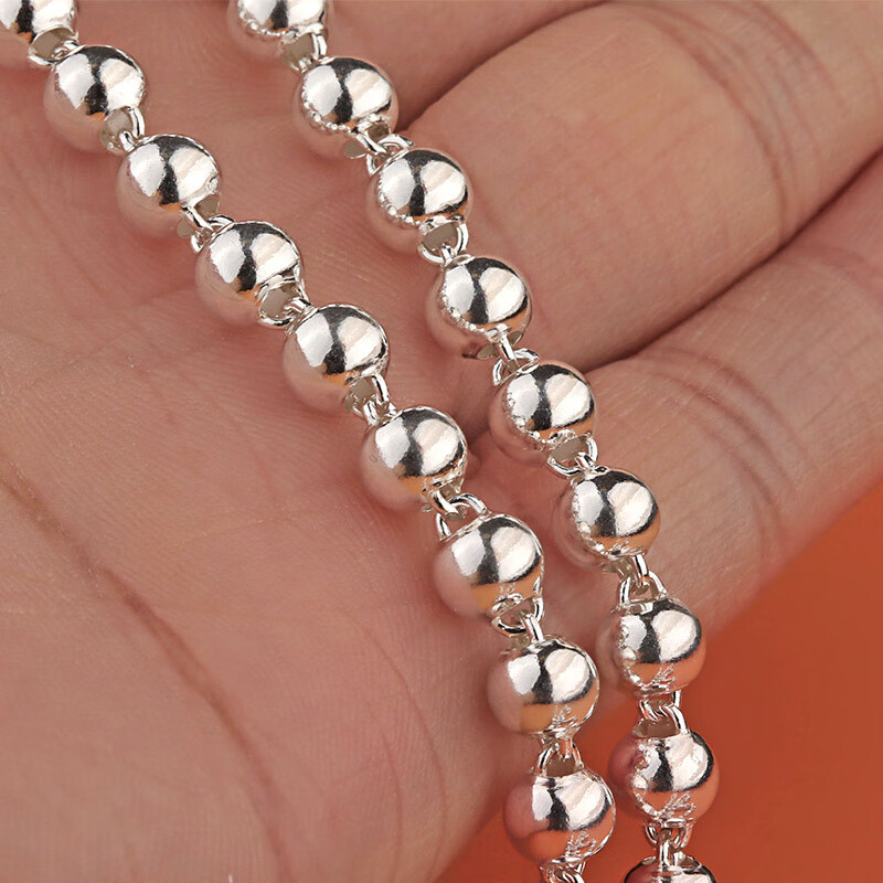 老银匠银项链女圆珠素链情侣简约佛珠男士银链大人小孩长短款足银毛衣链 可定制长度