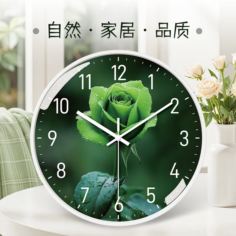 Tazxin植物清新荷花挂钟免打孔静音扫秒客厅卧室大尺寸挂墙石英钟表 桃花 12英寸 30厘米