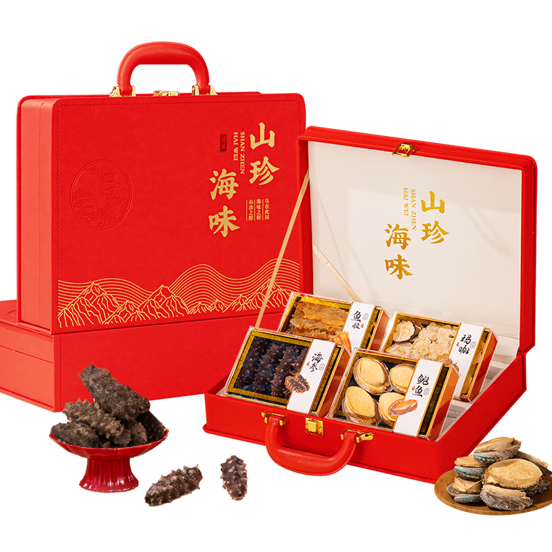 小甄菌鲜甄选山珍海味四拼红色礼盒 海参鲍鱼鱼胶玛咖节日送礼送长辈礼品