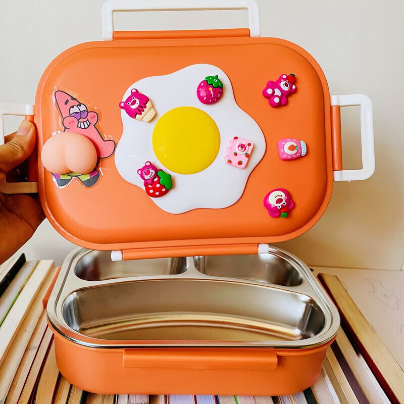 萝塑小学生饭盒三格保温饭盒304不锈钢便当盒儿童便携上班宿舍 果粒橙