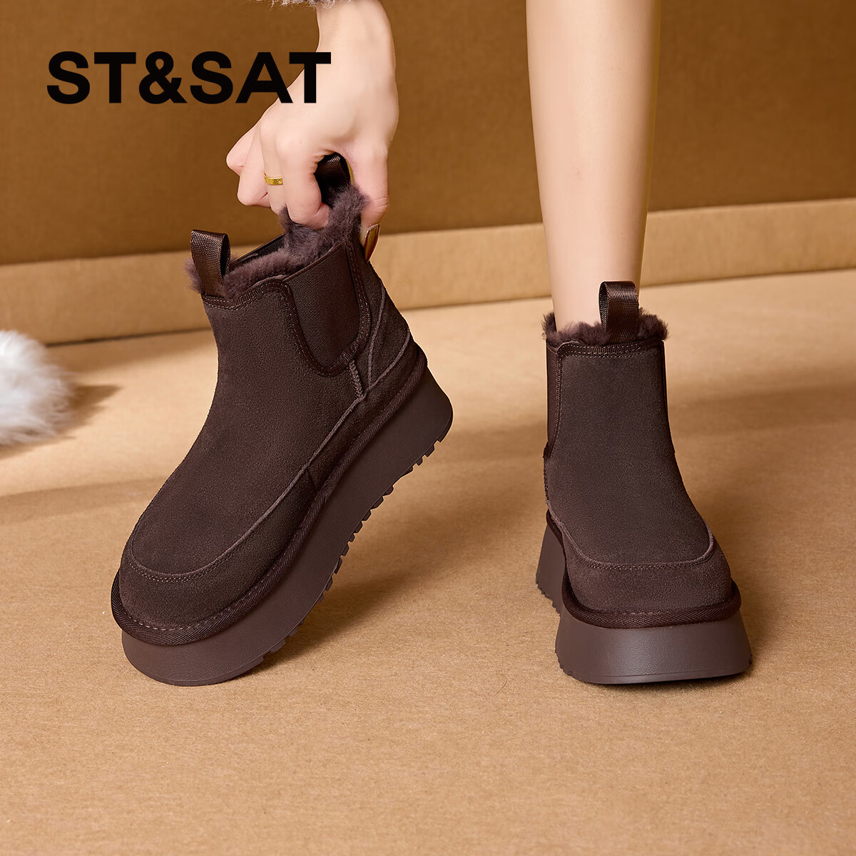 星期六厚底雪地靴女2025新款秋冬加絨加厚保暖棉鞋女防滑皮毛一體短筒靴 咖啡色 【上口兔毛-牛剖層皮革】 35