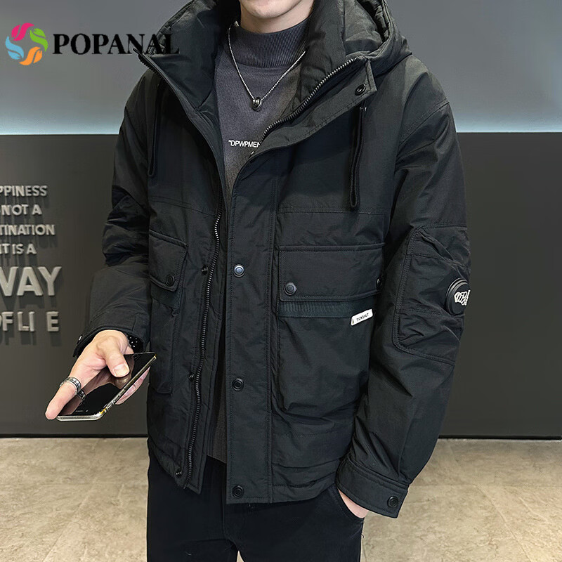 POPANAL香港潮牌2025冬季新款男士连帽工装加厚冲锋衣大口袋休闲羽绒服潮 黑色 M