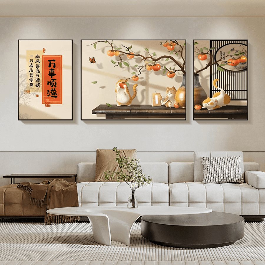 柳莺花燕现代简约客厅装饰画沙发背景墙挂画新款大气壁画三联画轻奢晶瓷画 F-万事顺遂 中套【左右50X70+中100X70】晶瓷画 免费上门按装（默发轻奢金框）铝合金