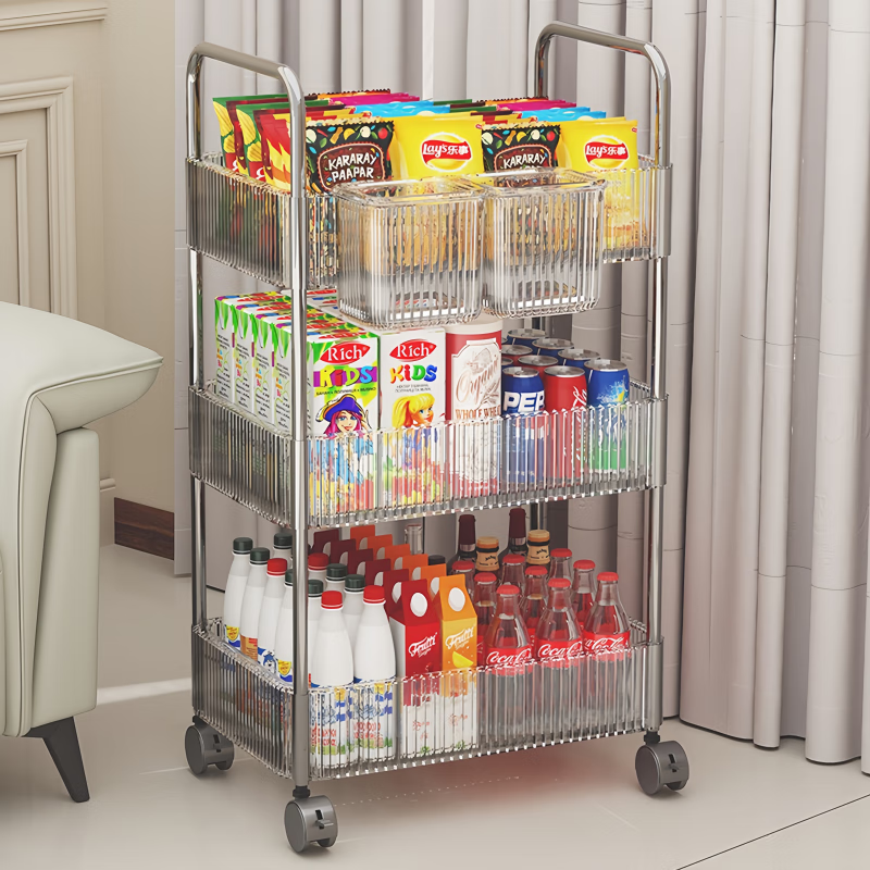 馨婺家零食小推车置物架客厅落地可移动家用多层带轮厨房浴室杂物收纳架 深灰色-不锈钢支架【3层+挂盒*2】 