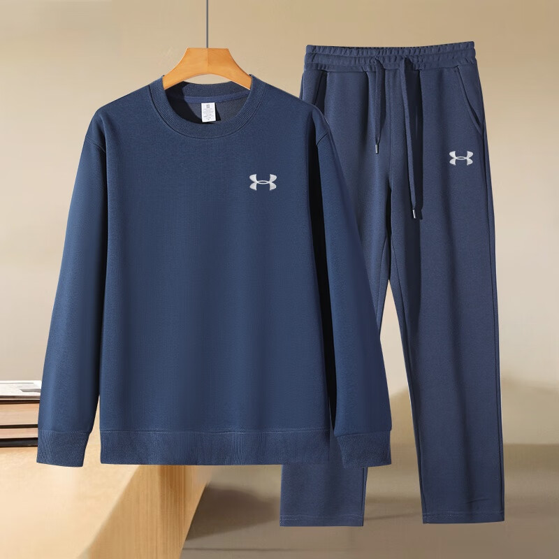 安德玛刺绣logo秋冬纯棉男士运动套装圆领时尚休闲卫衣宽松时尚加绒长裤 藏青色春秋款 3XL【建议套装160-180斤】