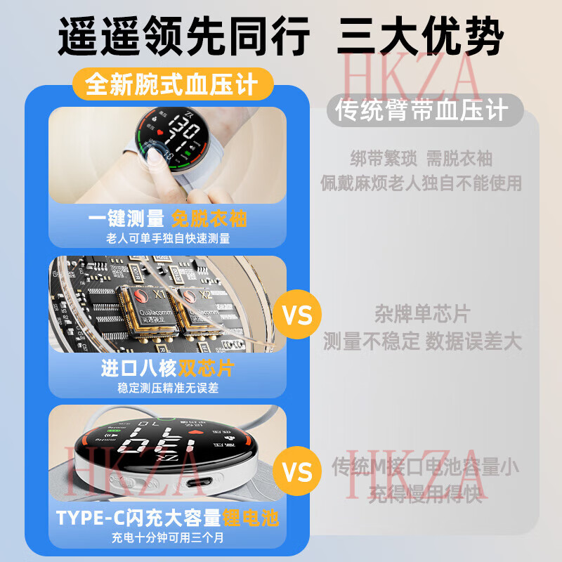 HKZA日本医用电子手腕式血压计家用测量仪高精准量测压的器表医院专用 升级充电款轻薄舒适+双芯精准+Type-C闪充