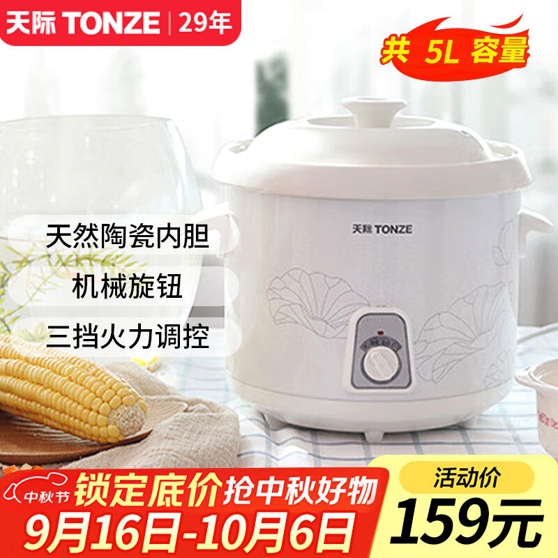 天際（TONZE） 天際電燉鍋陶瓷內(nèi)膽電燉盅煮粥煲粥鍋燉湯鍋電砂鍋1-2-3-4-5用家用智能10N 【適合5~8人】 5L