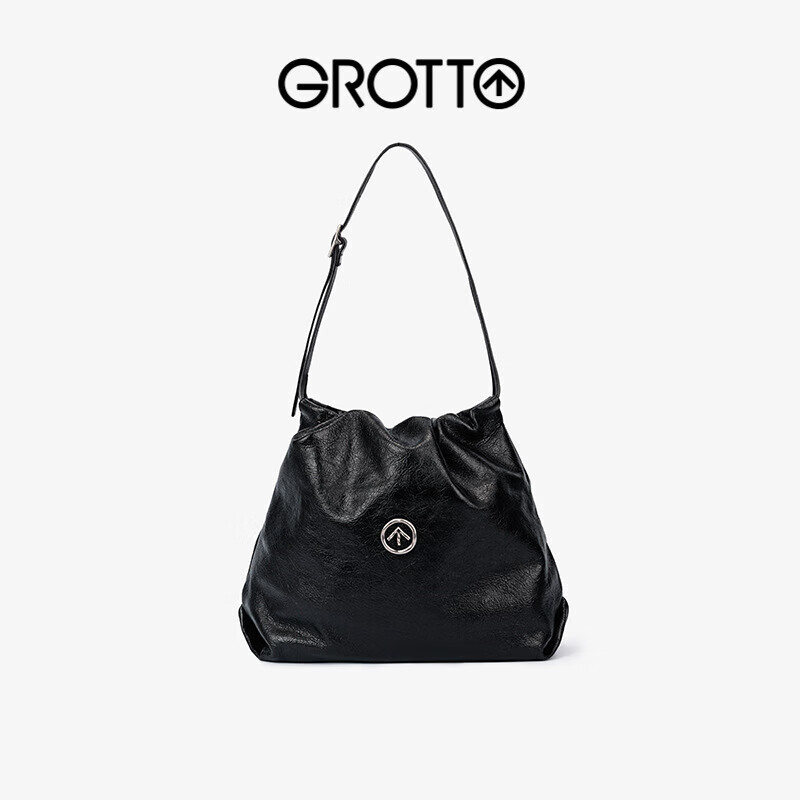 个乐(GROTTO)23年秋冬新款美拉德垃圾袋小号休闲简约单肩斜挎包包 经典黑S