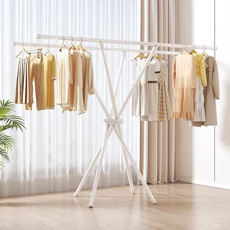 海诗圣堡晾衣架落地折叠卧室晾晒杆家用室外晒衣架阳台挂衣架子室内衣帽架 升级加粗款双杆X型白色 超强承重+免安装+8秒折叠收纳
