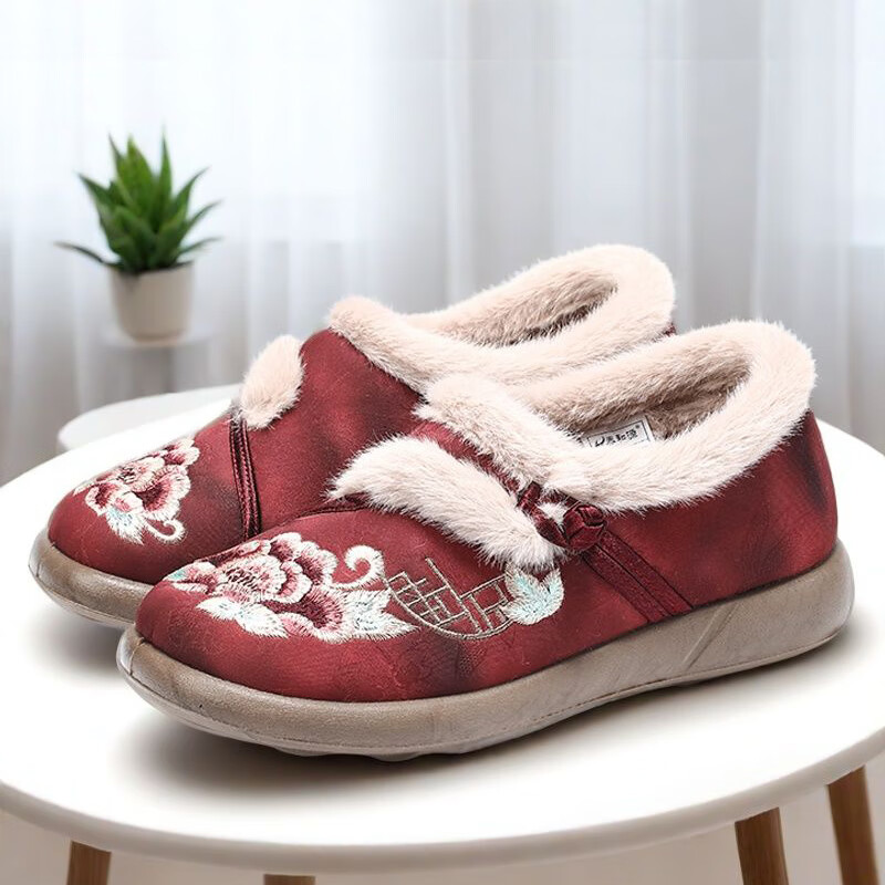 泰和源老北京布鞋女棉鞋冬季加绒防滑保暖舒适软底复古绣花鞋妈妈棉鞋 红色 40