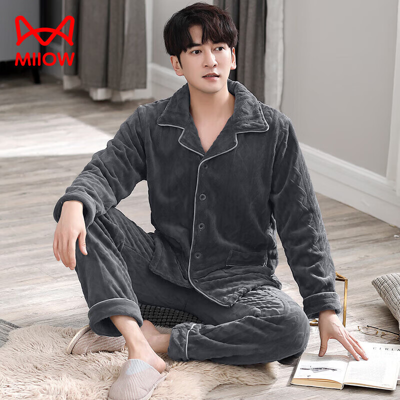 猫人（MiiOW）珊瑚绒男士睡衣加绒加厚保暖法兰绒冬季家居服男款套装可外穿 枪灰色 【双面加绒 亲肤保暖】 XL 【建议130-150斤】
