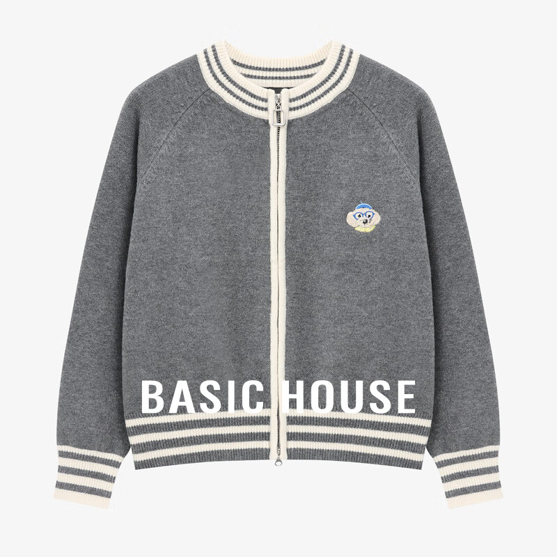 百家好（Basic House）Basic House/百家好休闲棒球服外套女25秋季刺绣撞色拉链开衫毛衣 灰色 M