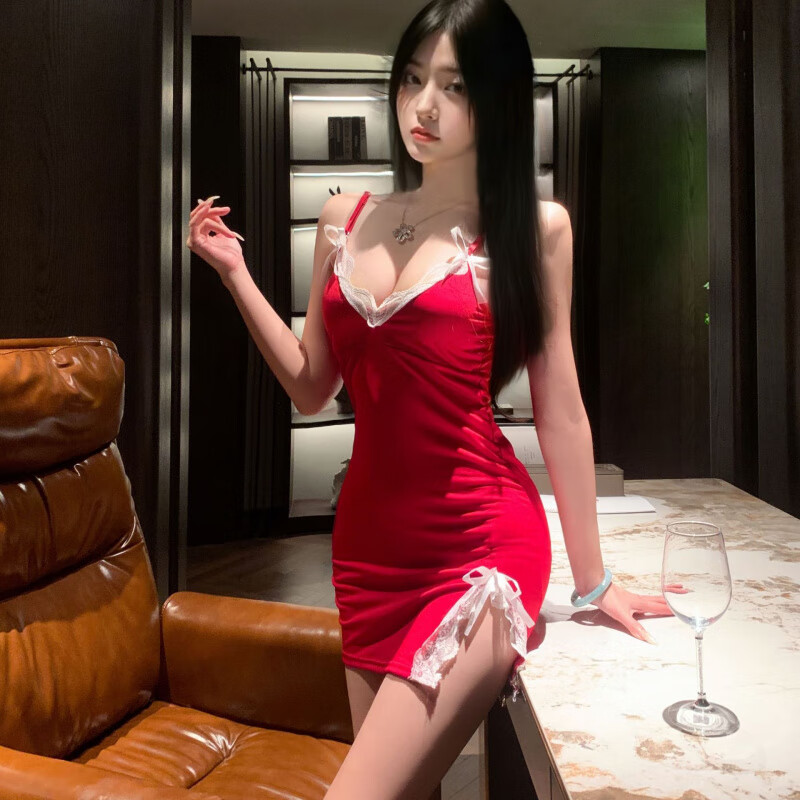 夜酥情趣内衣女夏性感蕾丝修身睡裙家居服纯欲风可胸垫 酒红色【加胸垫】+黑开裆袜 XL【115-130斤】