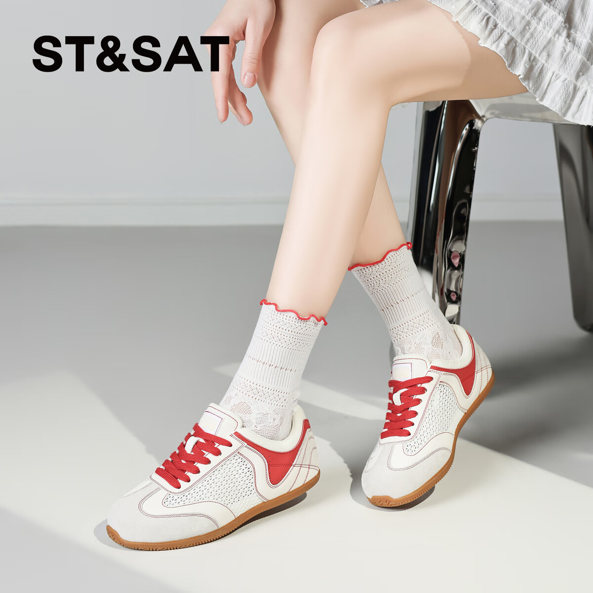 星期六(St&Sat)2025新款拼色德训鞋子轻奢复古增高跑步运动鞋休闲鞋板鞋子女鞋子 米红色 35