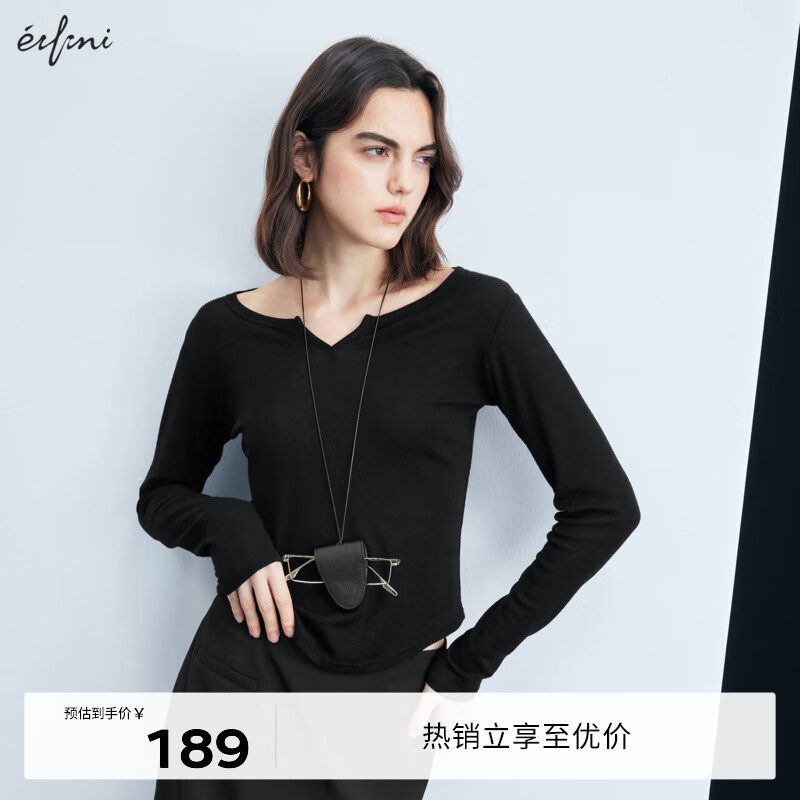 伊芙丽（eifini）蒋欣代言设计感大领开口羊毛打底T恤女秋装新款百搭上衣 黑色 S 155/80A