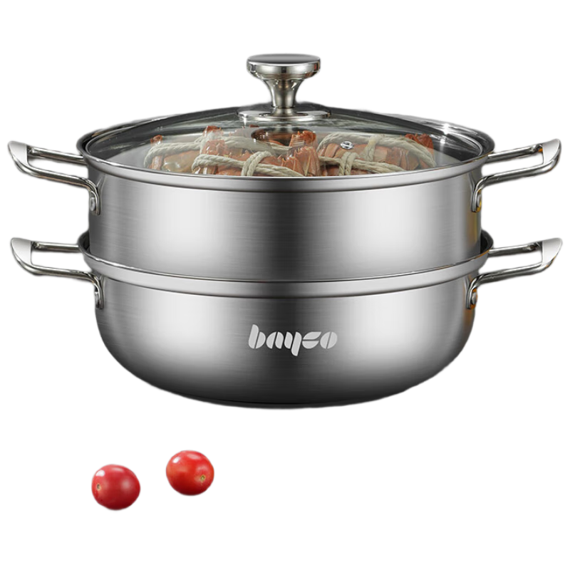 拜格（BAYCO）不銹鋼蒸鍋32CM雙層家用電磁爐燃?xì)庠钔ㄓ脽跽糁笠惑w湯鍋BG50144