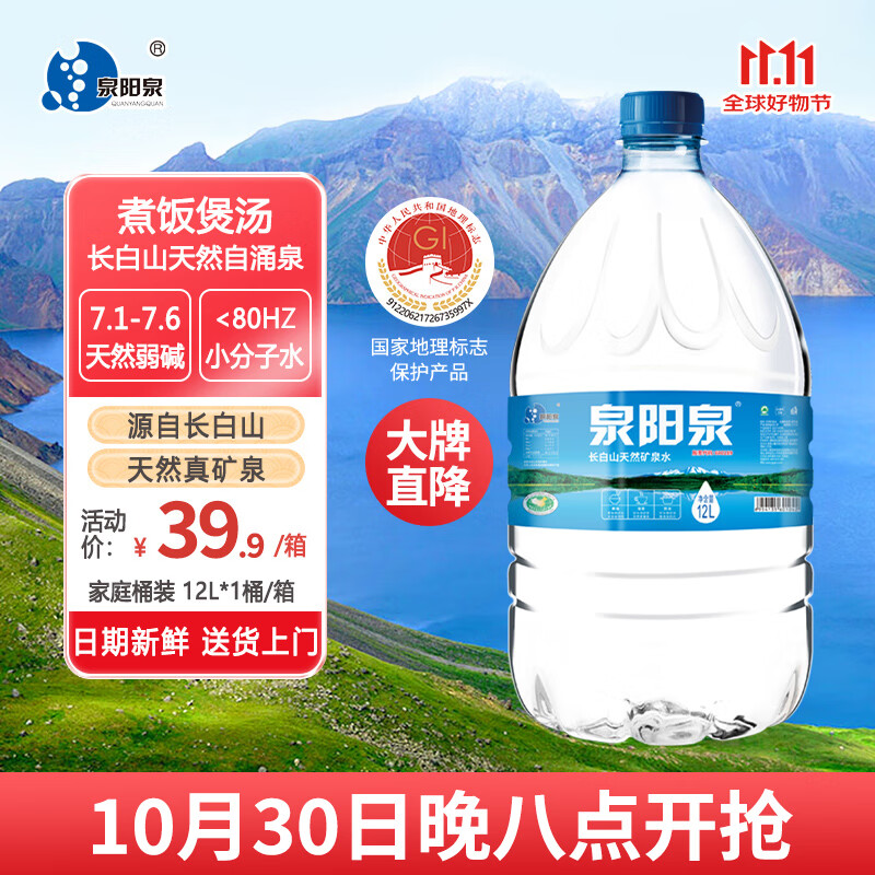 泉阳泉（QUANYANGQUAN）长白山天然矿泉水 12L*1桶 弱碱性泡茶水 桶装水（家庭装）