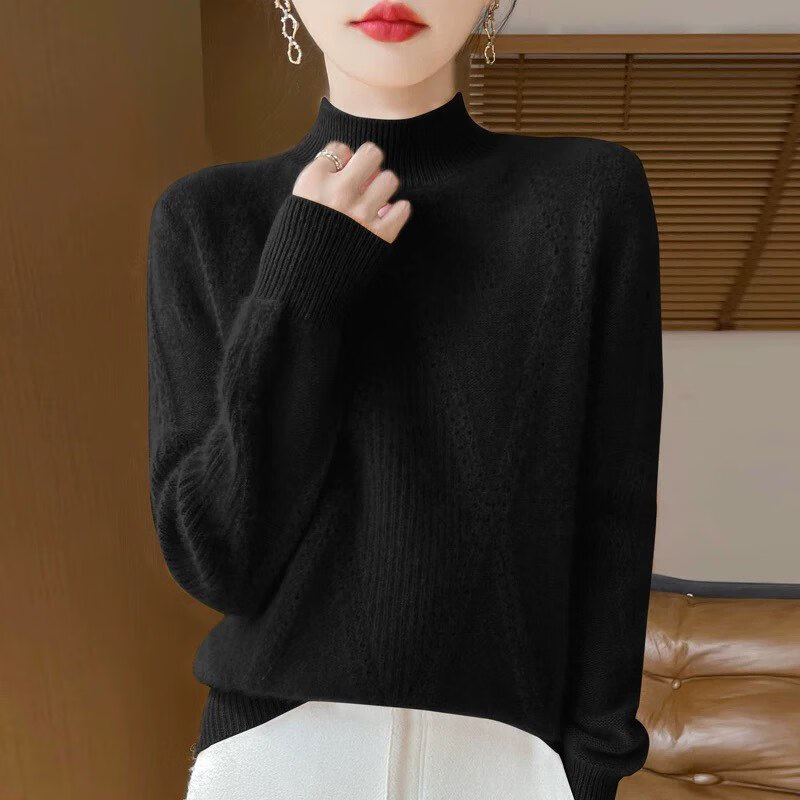 香影芬100%纯羊毛衫女一线成衣加厚半高领镂空钩花羊毛衫宽松毛衣打底衫 白色 2XL (建议125-135斤)