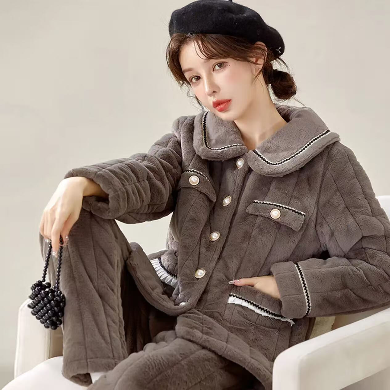 chunnian睡衣女秋冬加绒加厚珊瑚绒三层夹棉袄法兰绒女士保暖家居服套装 KJ-803 XL