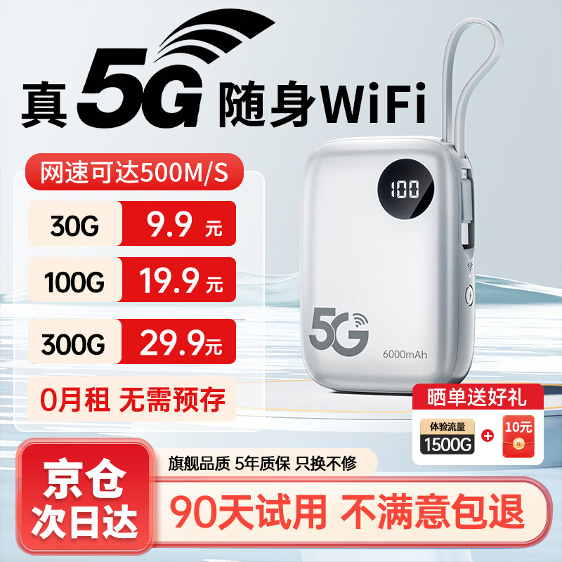 烁盟【海思巴龙芯】5g随身wifi无线流量2025款全国通用三网通免插卡移动随身wifi6双频无线上网卡 【5G旗舰版】海思5G芯片｜套餐低至9.9元 送首月10G30天免费流量