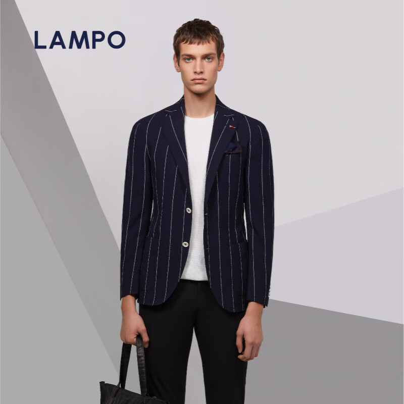 藍(lán)豹（LAMPO）男士單西服羊羔毛微彈深藍(lán)西裝外套 深藍(lán)條紋 48