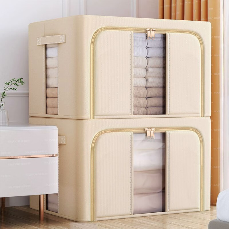 纳份爱加厚布艺收纳箱家用衣物棉被百纳箱可折叠透视窗口储物专用整理箱 卡其色-66L【长50*宽40*高33cm】1个装 【加粗钢架固定/加厚牛津布】