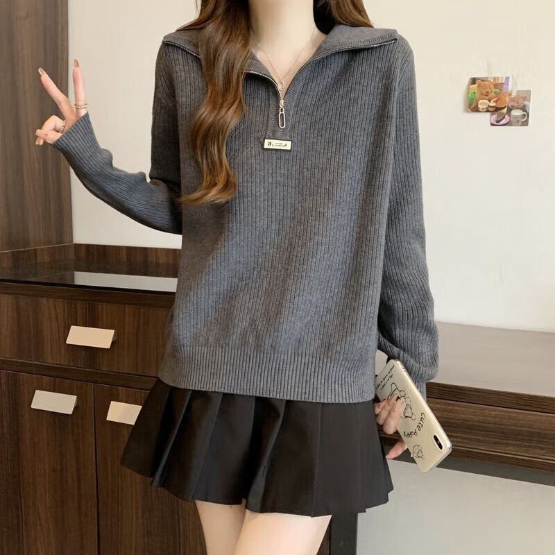 朵貌条半拉链翻领正肩女大码针织衫宽松显瘦毛衣打底衫减龄上衣 灰色 L 100-120斤