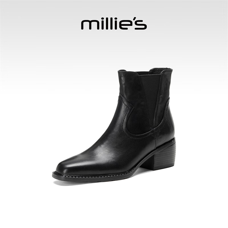 妙丽短靴女粗跟时尚轻便潮流烟筒靴2025冬季新款百搭通勤时装靴 黑色 39 (245mm) 标准码
