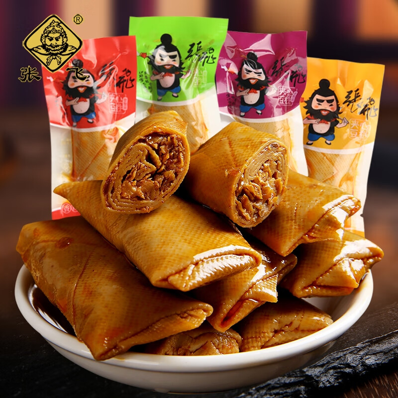 張飛夾心豆卷四川特產(chǎn)小包裝五香香辣香菇豆皮卷香菇豆腐干小零食 四味混裝450g(約16包)