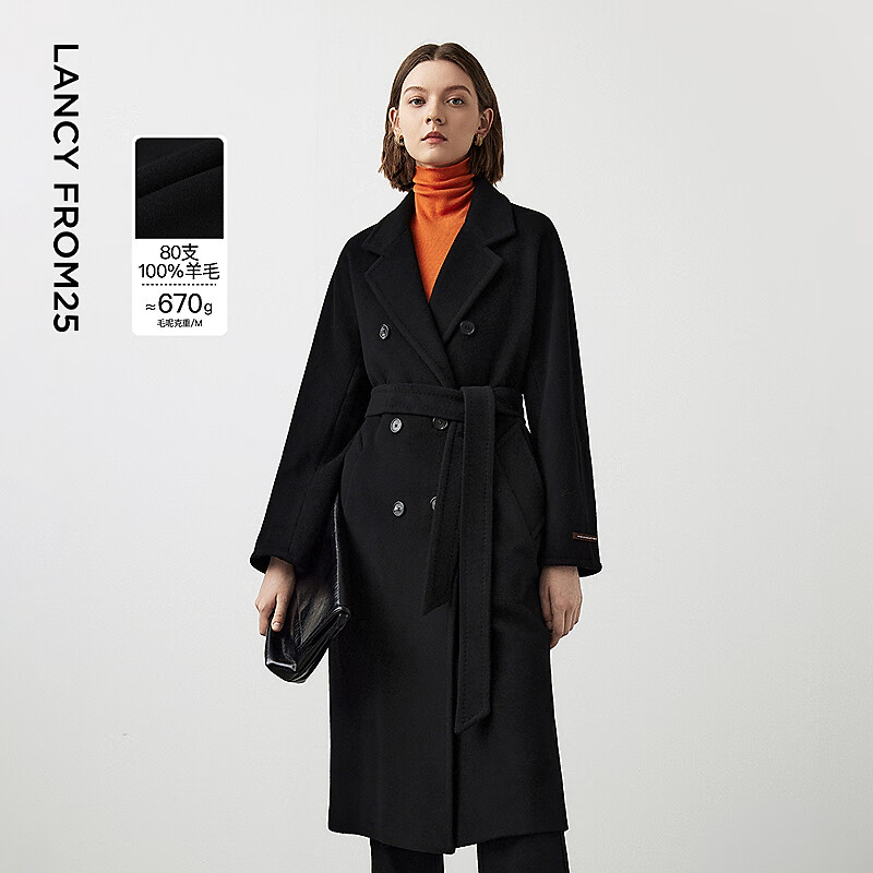 朗姿【王楚然同款】朗姿纯羊毛法式通勤大衣修身毛呢外套冬季新款 黑色 M