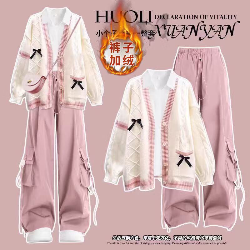 欧颖慕女大童套装春季新款初高中生春装毛衣休闲裤三件套女孩衣服外套女 三件套 粉色毛衣+白衬衫+粉裤 155 （S）码【建议75-90斤】