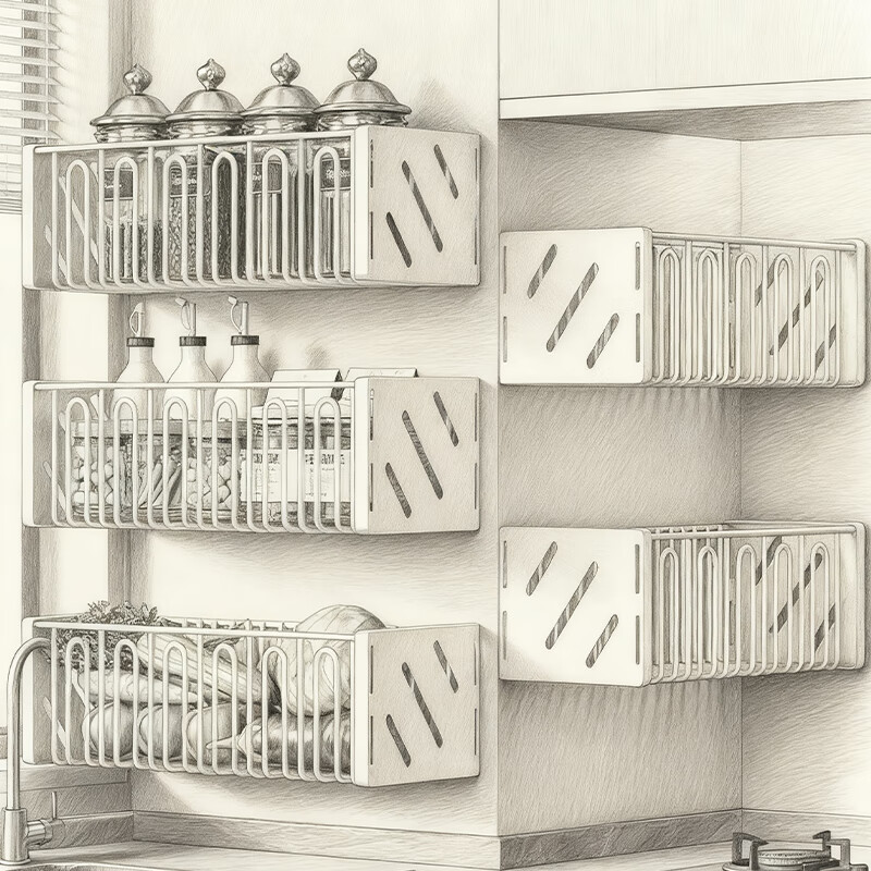 尔思家厨房置物架壁挂式蔬菜调料收纳架沥水架墙上葱姜蒜多功能收纳菜篮 奶白*中号挂篮