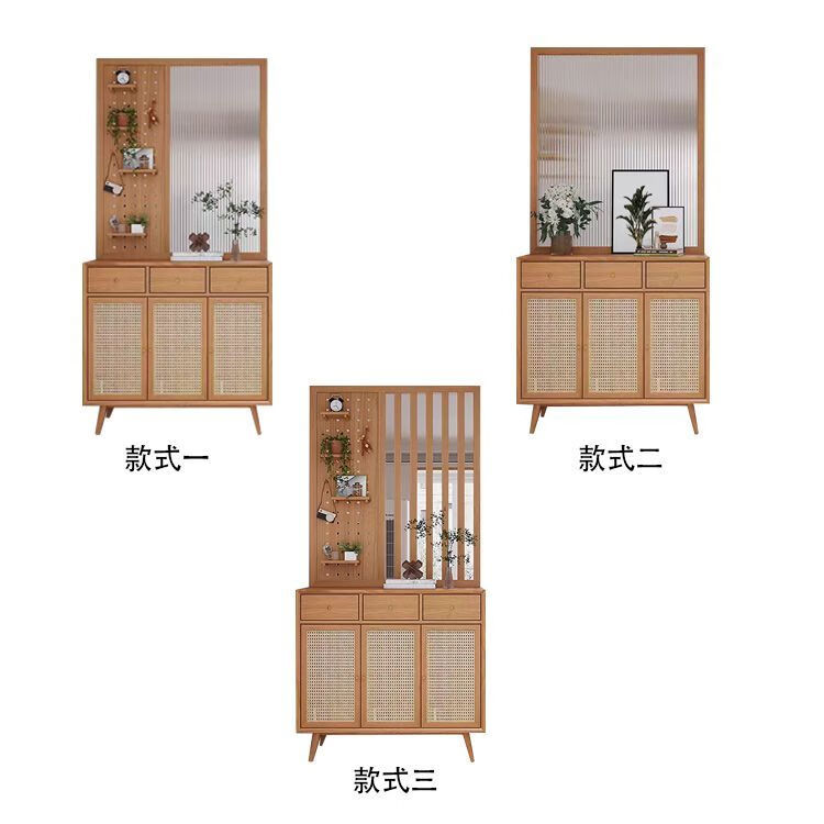 迈途森日式玄关柜樱桃木入户门客厅洞洞板长虹玻璃隔断藤编一体屏风鞋柜 定制尺寸