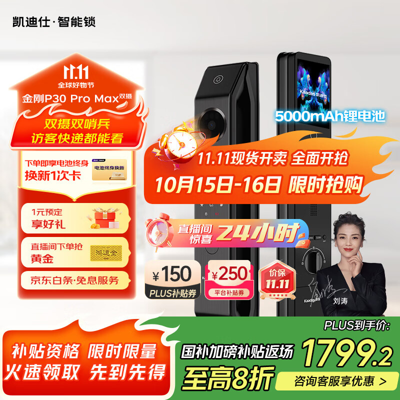 凯迪仕（kaadas）智能门锁 双摄人脸识别可视猫眼大屏指纹锁 金刚P30 Pro Max双摄