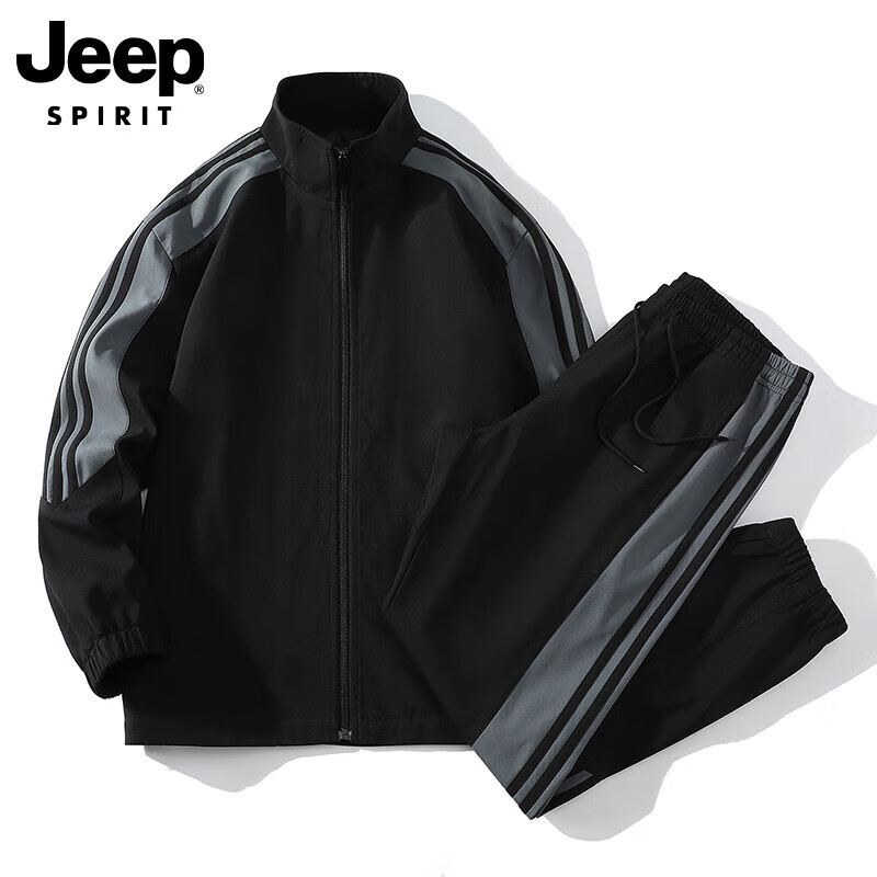 JEEP SPIRIT吉普新款情侣套装时尚休闲百搭宽松潮流帅气立领长袖跑步条纹撞色 黑色 XL
