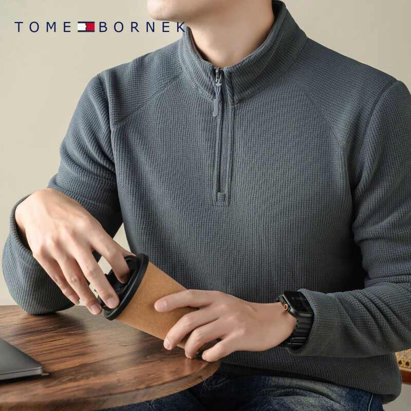 TOME BORNEK汤米秋冬季男士卫衣加绒加厚羊羔绒保暖半拉链立领长袖T恤 C-5-黑色 2XL 180建议150-165斤穿