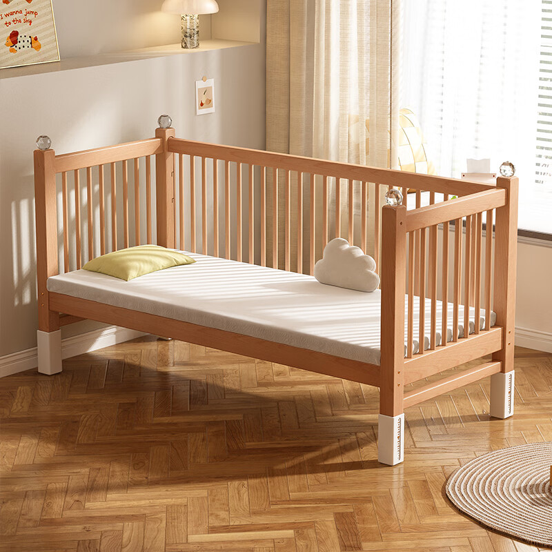 贝幸福 BAYLUCK可升降榉木拼接床实木儿童床婴儿床加宽拼接大床小孩床边床拼接床 侧升尾门款+10cm空气纤维垫+床围 200*100cm【可升降】