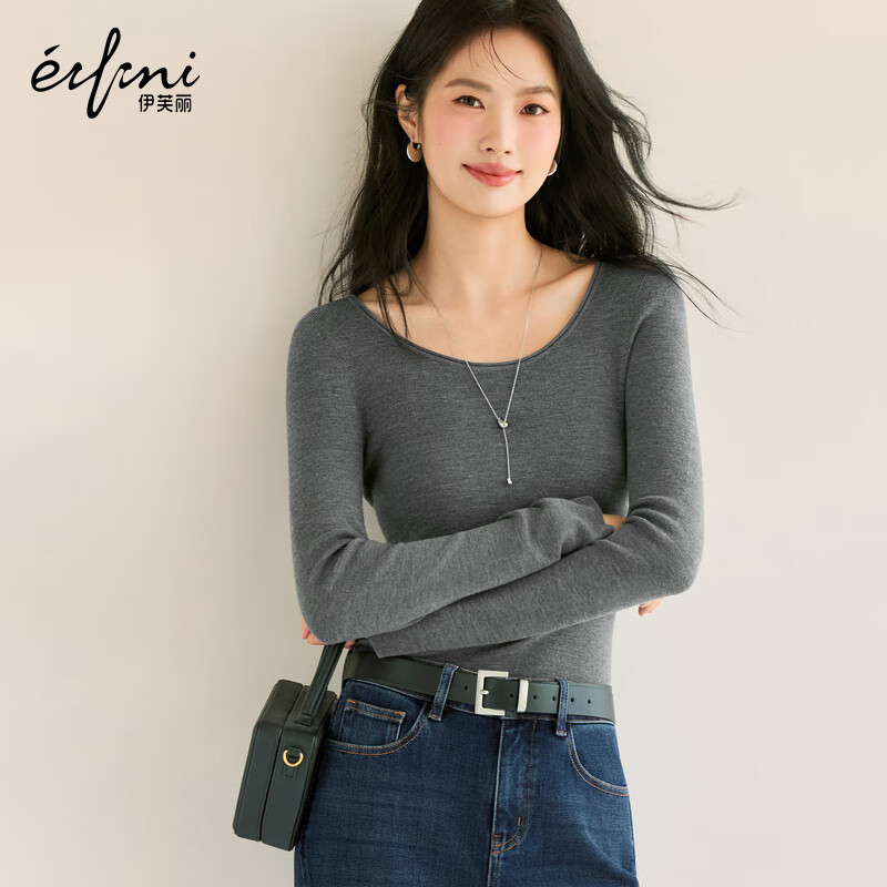 伊芙丽（eifini）朱珠代言大U领100%可机洗羊毛打底衫女修身2025秋装新款 夹花灰 大U领 M 105-115斤