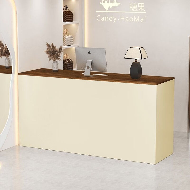 海诗圣堡简约现代服装店小型前台收银台公司办公吧台接待台超市小型柜台桌 胡桃木+奶咖色 哑光 /免漆板 80x60x100cm